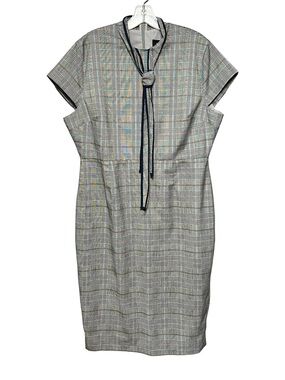Alexia Admor Grey Carolina Plaid Necktie Dress  Short Sleeve Midi XL